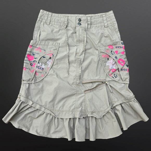 Y2K Cargo Skirt Size S Khaki Green Midi Below Knee Harajuku Grunge Fairy Cotton - Picture 1 of 8